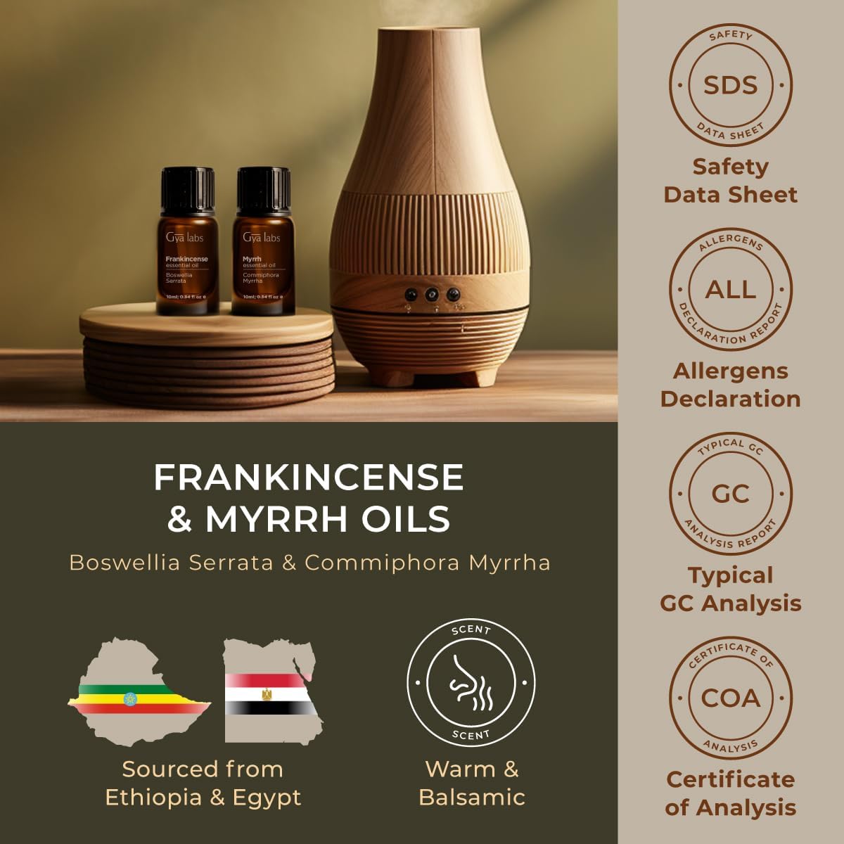 Gya Labs aceite de incienso y mirra, empaque seguro y fácil de usar.