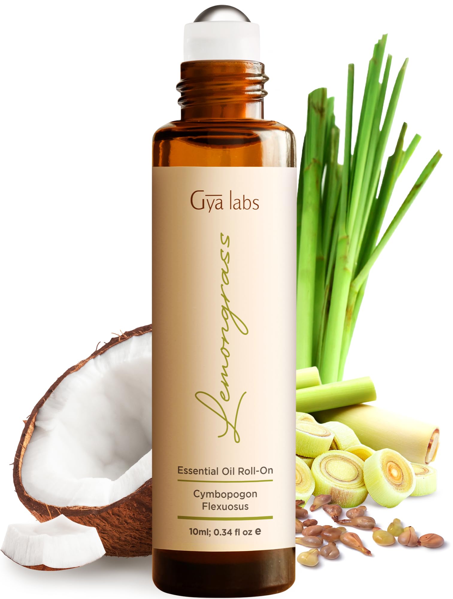 Gya Labs Lemongrass Roll-On: botella de ámbar para conservar potencia y aroma.