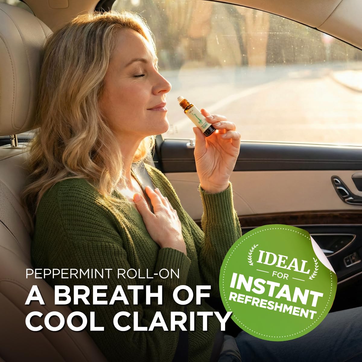 Gya Labs Peppermint Roll-On, diseño compacto ideal para llevar en bolso y facilitar refresco.
