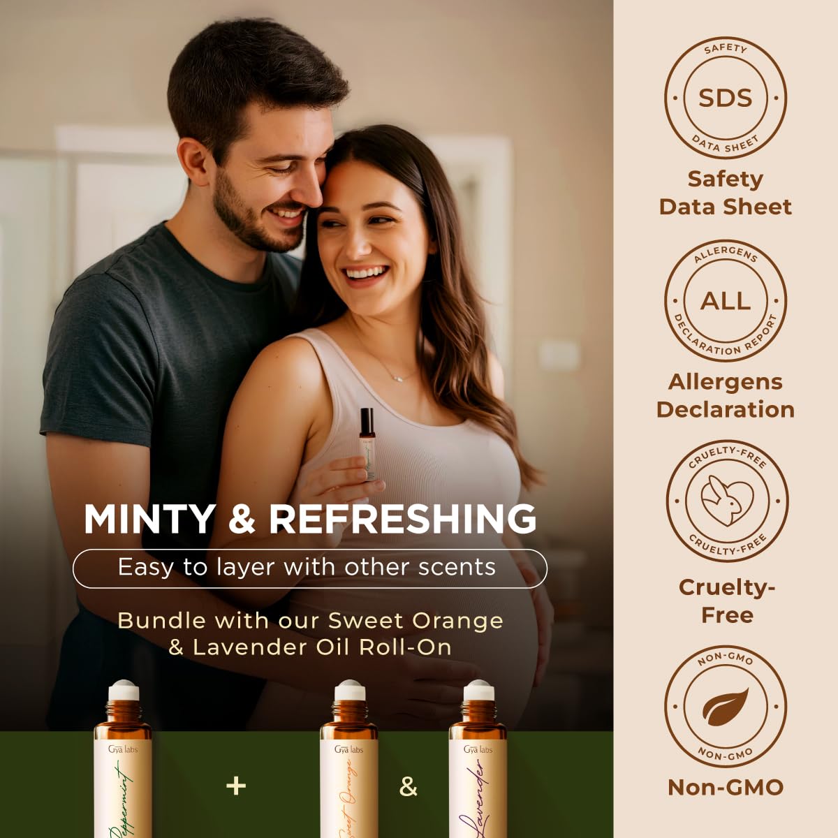 Gya Labs peppermint roll-on: envase ámbar protege la potencia y aroma duradero.