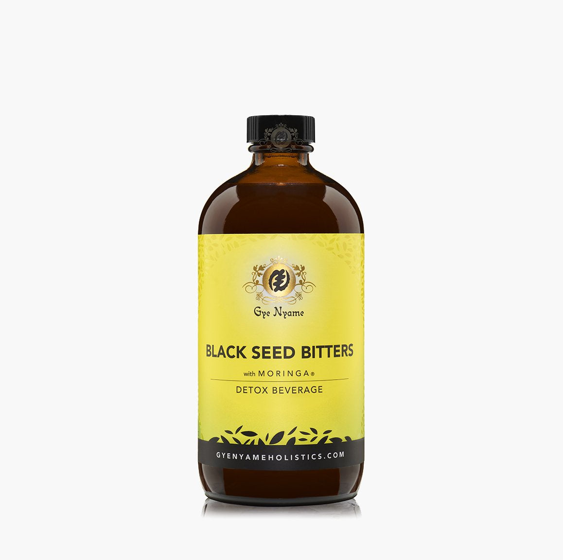 Gye Nyame detox bitters, frasco de 16 onzas con semilla negra y moringa, ideal para detox diario.
