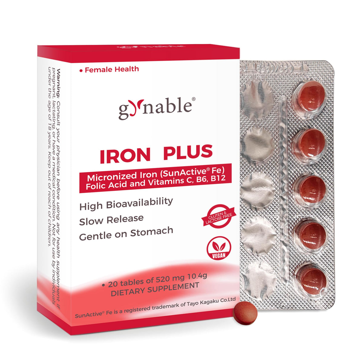 Gynable Iron Plus, frasco cercano, ingesta suave diaria para el día a día