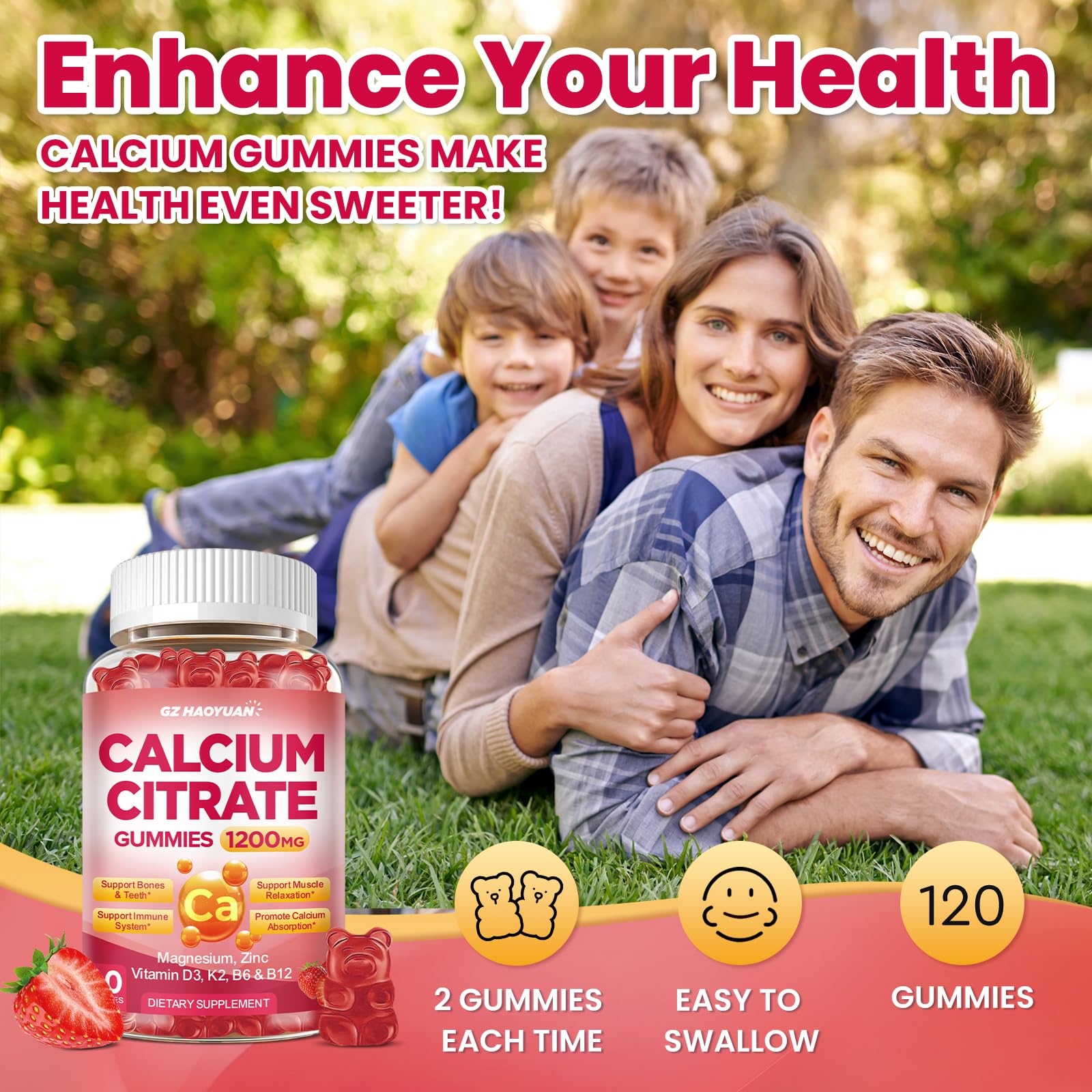GZ HAOYUAN gomitas calcio citrato con magnesio y zinc para apoyo muscular.