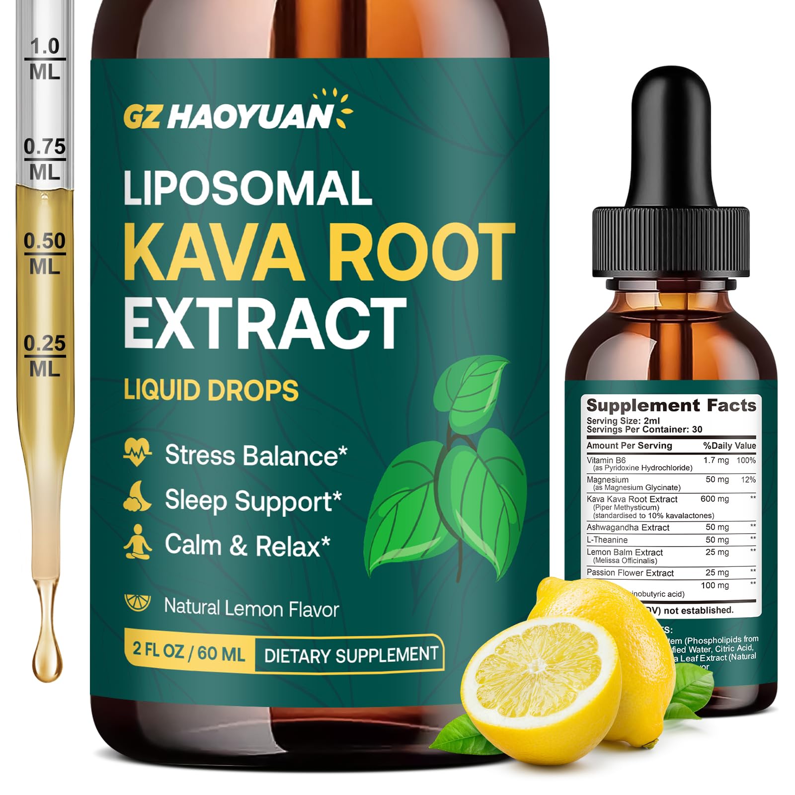 GZ HAOYUAN Kava Drops: bote para calma y relajación diaria.