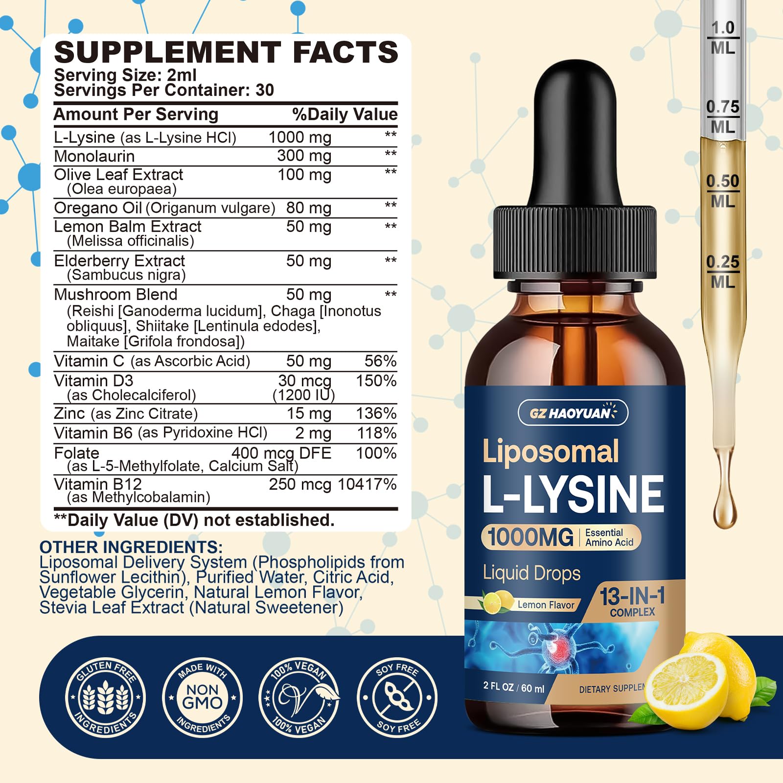 GZ HaoYuan lisina liposomal 1000 mg, gotero para dosis diaria fácil de usar.