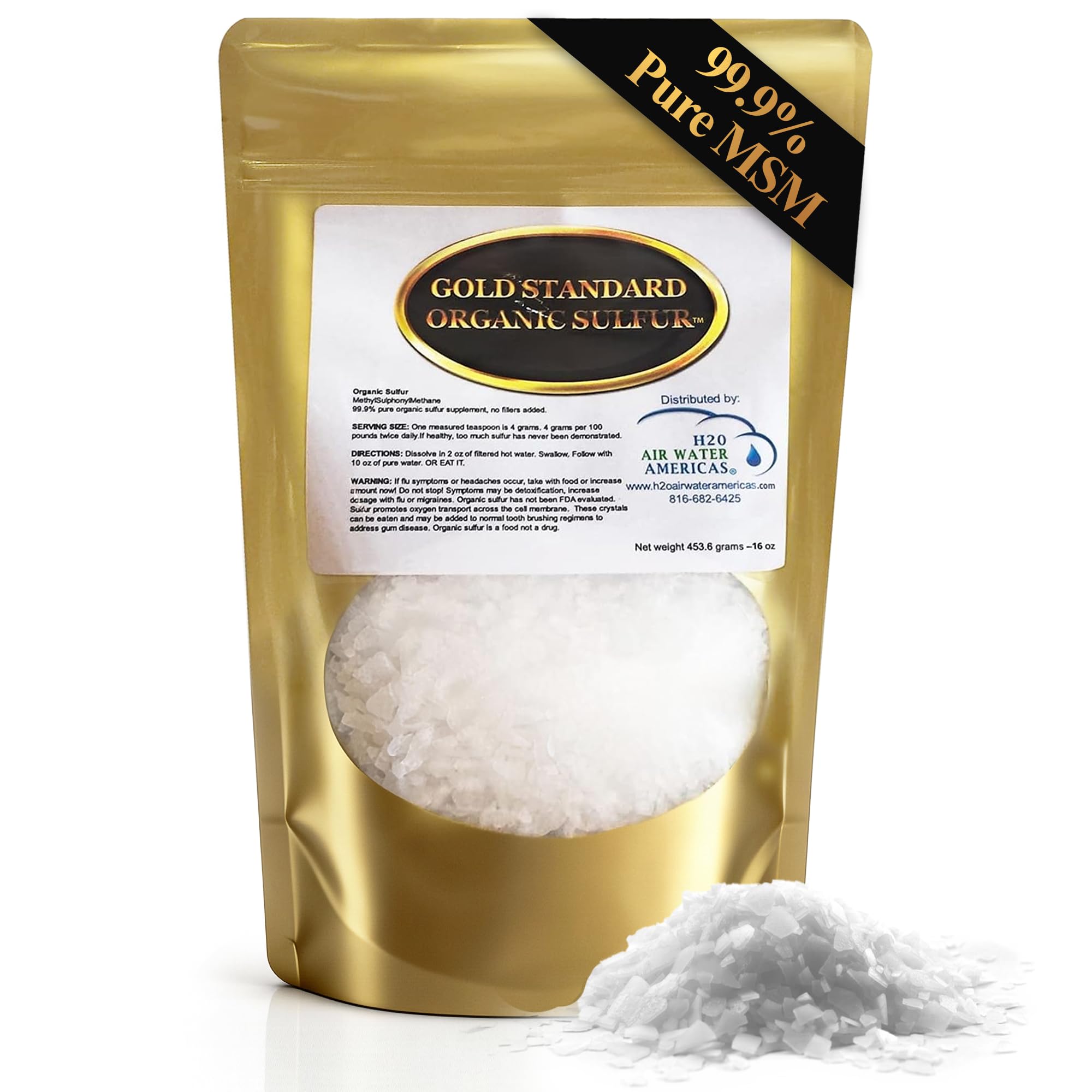 Cristales MSM de H2O Air Water Americas en empaque de 1 libra, puros y confiables.