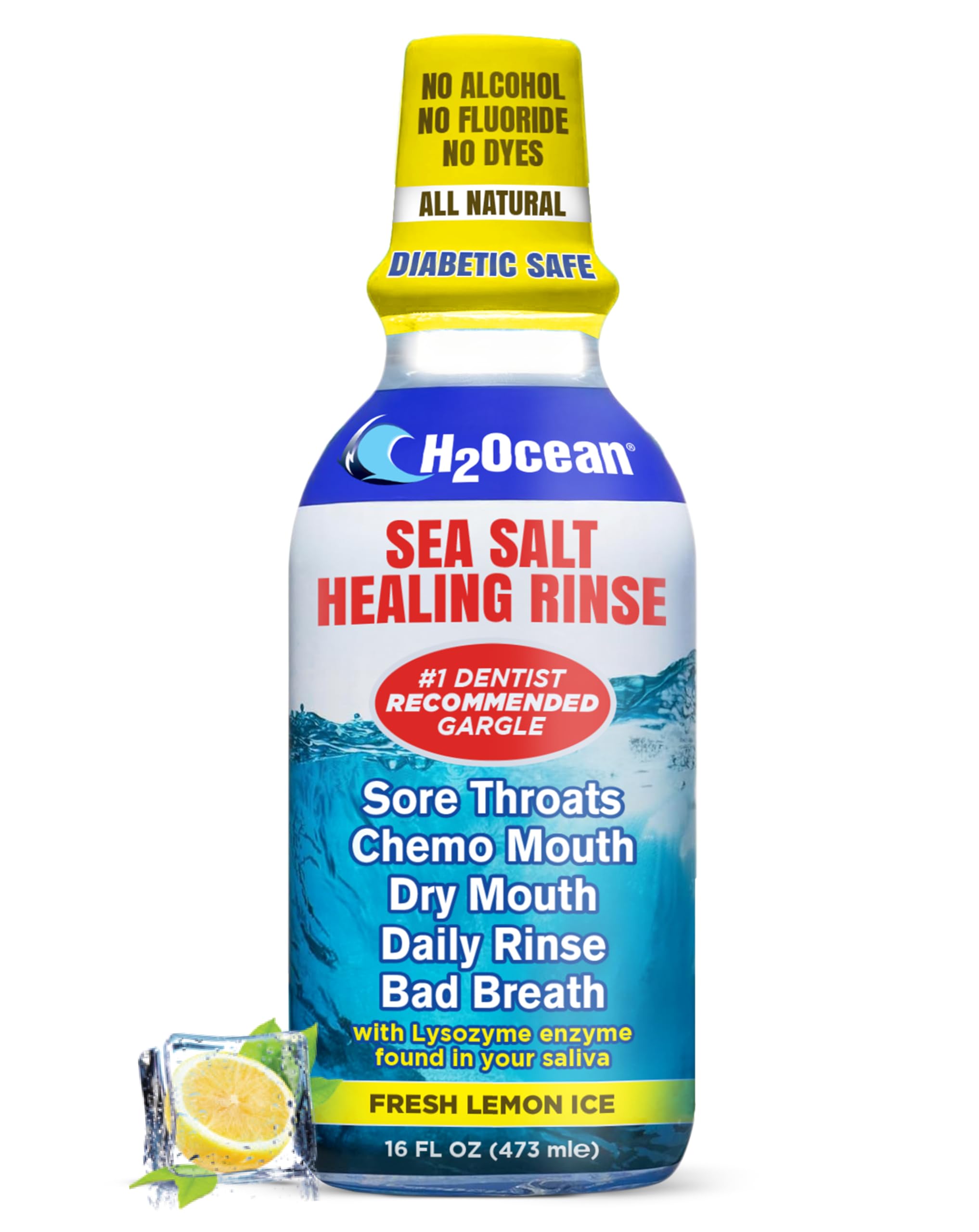H2Ocean Healing Rinse, botella de enjuague bucal con sal marina para aliento fresco.