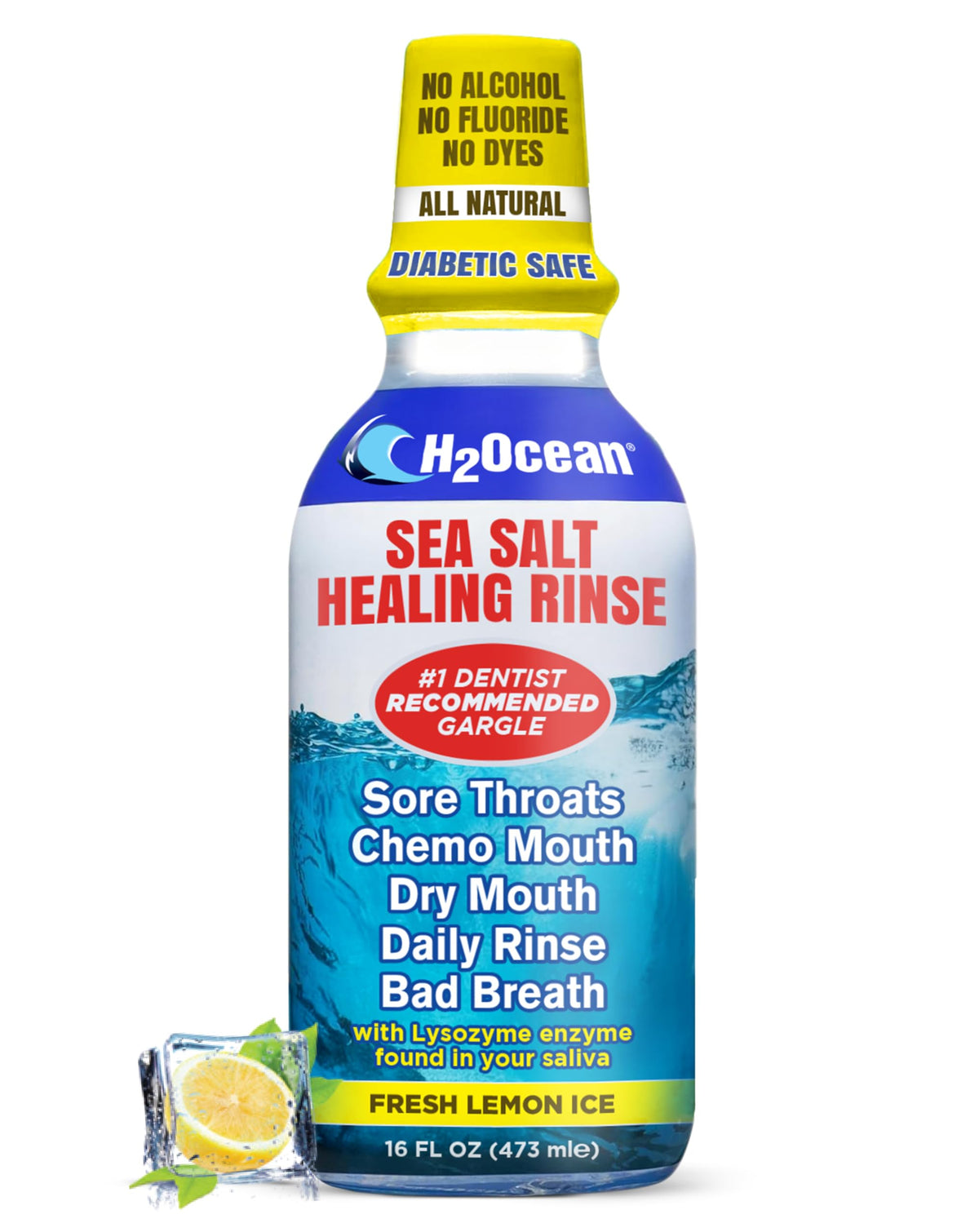 H2Ocean Healing Rinse, botella de enjuague bucal con sal marina para aliento fresco.