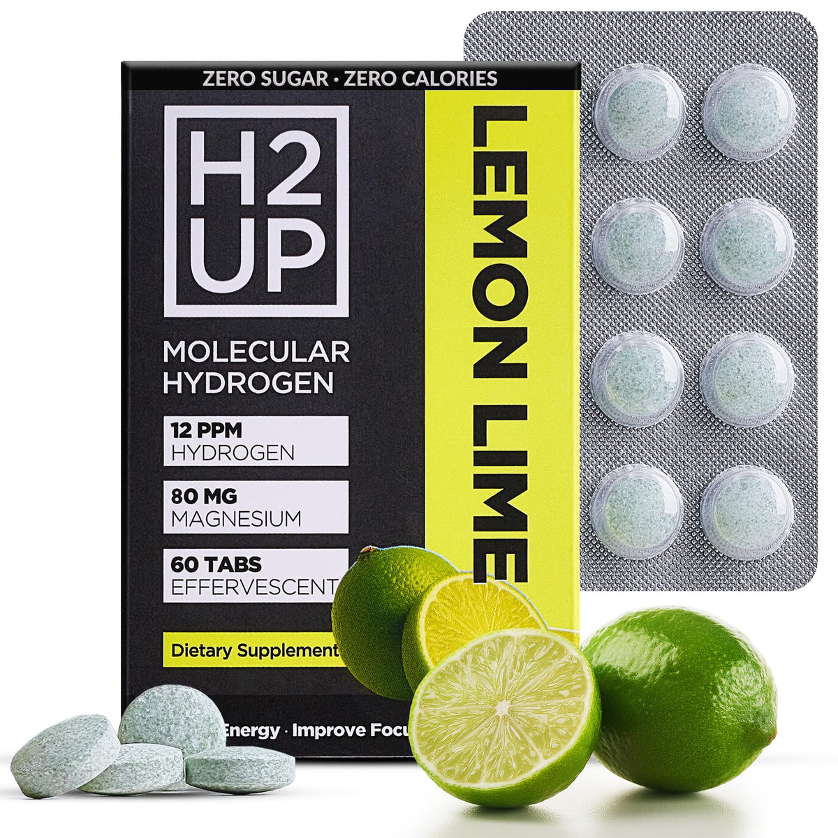 Tableta H2UP disolviéndose en agua para hidratación limpia y sin sabor.