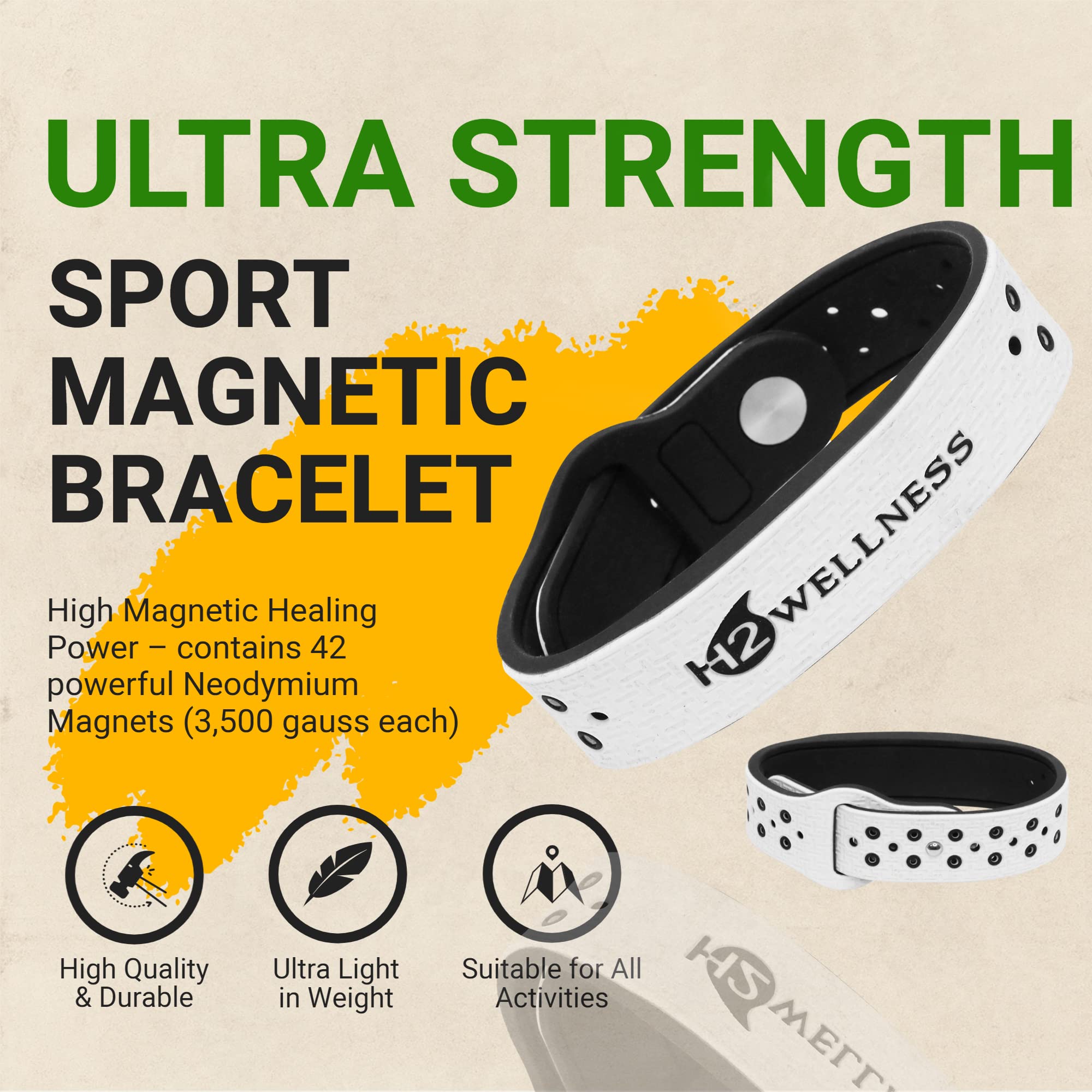 Pulsera magnética H2WELLNESS blanca vista lateral ligera y transpirable