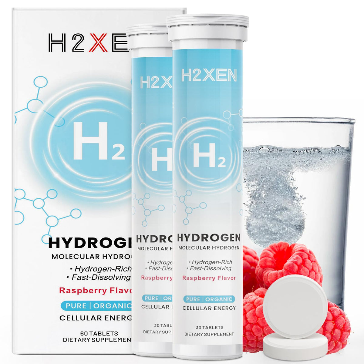 Botella H2XEN con hidrógeno 8ppm y sabor a frambuesa para hidratación.