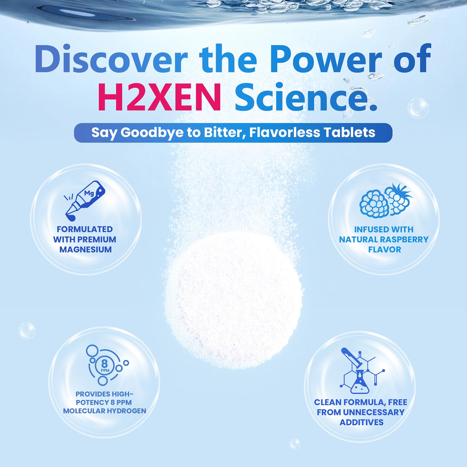 Etiqueta H2XEN con sabor frambuesa y beneficios potenciales.