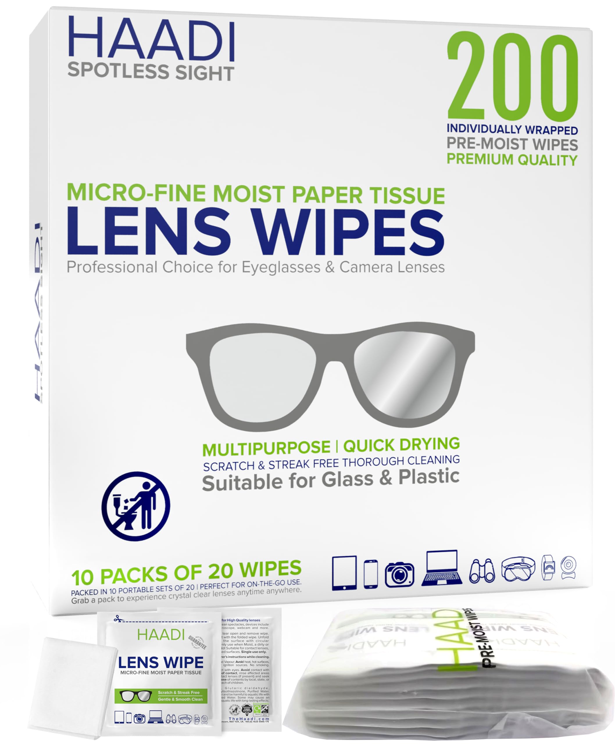HAADI: toallitas limpiadoras para lentes envueltas individualmente, ideales para viajar.