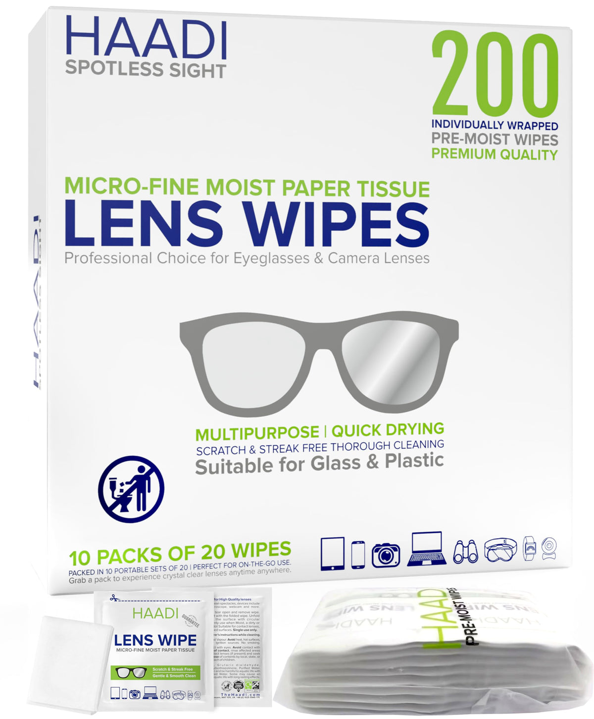 HAADI: toallitas limpiadoras para lentes envueltas individualmente, ideales para viajar.
