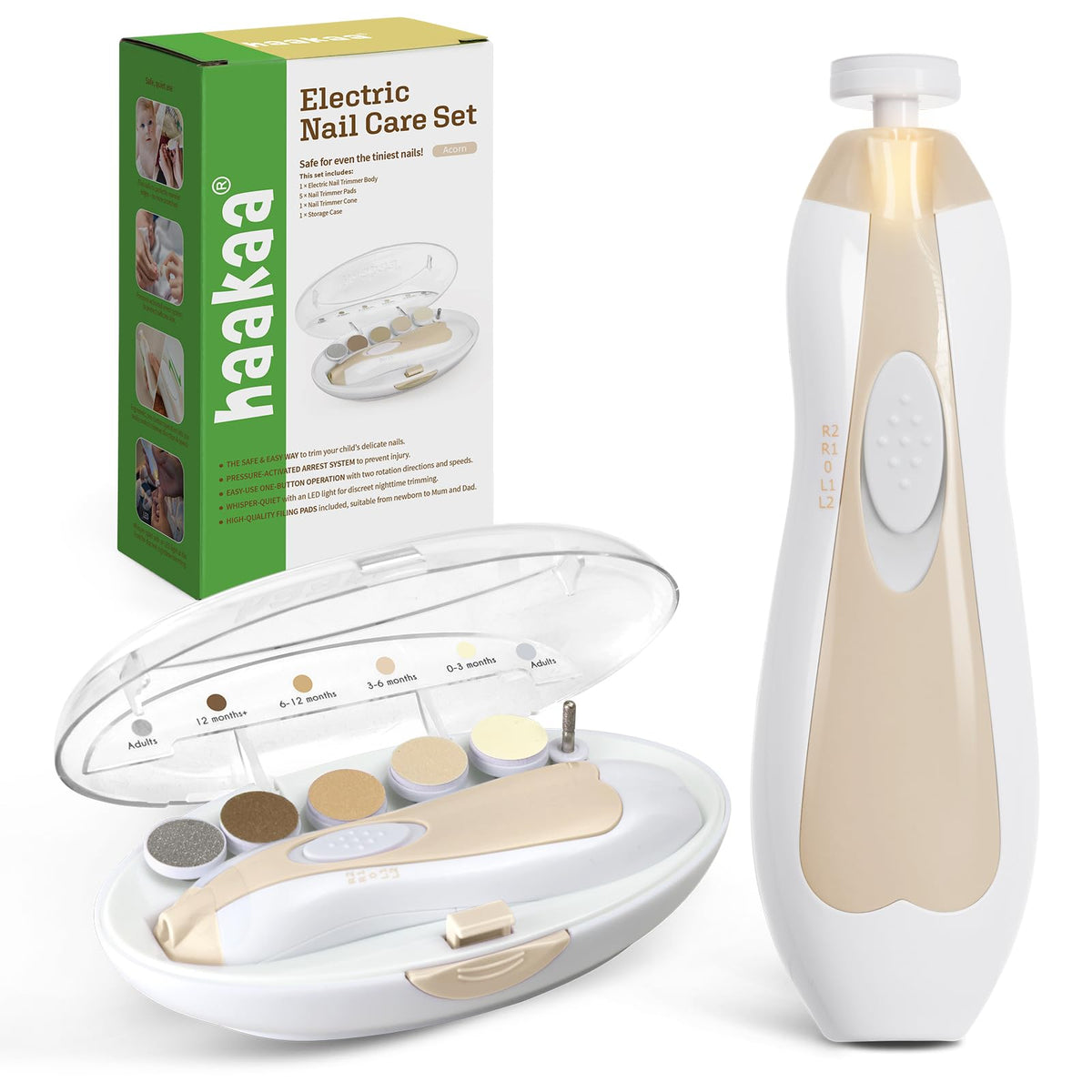 haakaa acorn lima eléctrica para uñas del bebé con luz para mayor precisión.