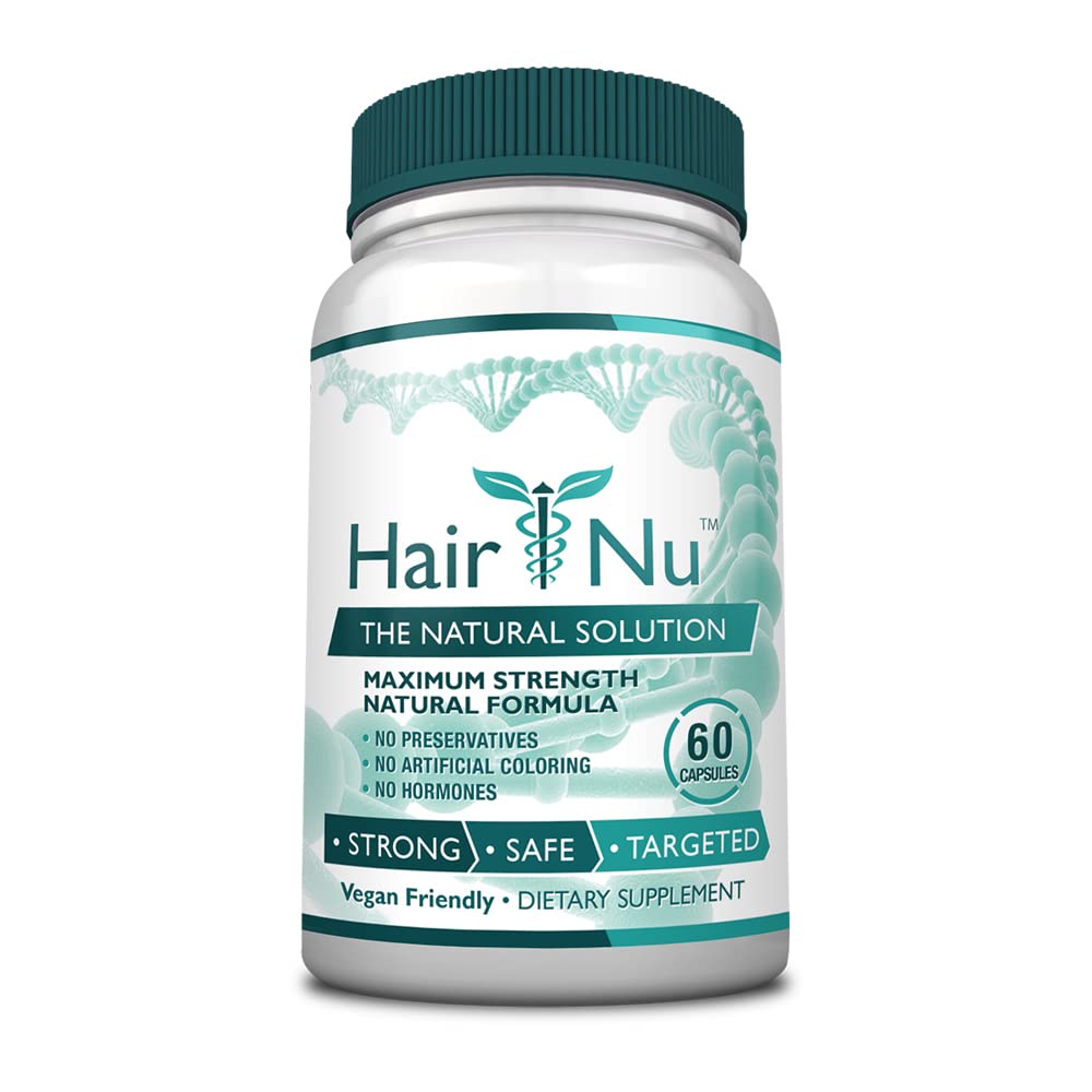 HairNu botella del suplemento para crecimiento del cabello, apoyo nutricional diario.