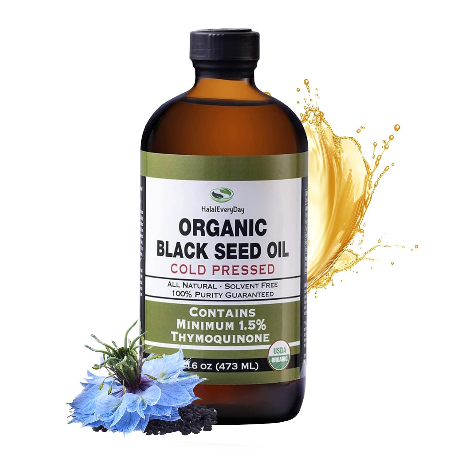 HalalEveryDay aceite de semilla negra en frasco de vidrio, pureza premium.