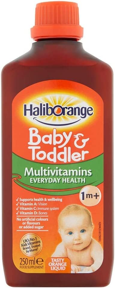 Haliborange dosis 9 vitaminas 250ml, botella con guía de uso suave para niños