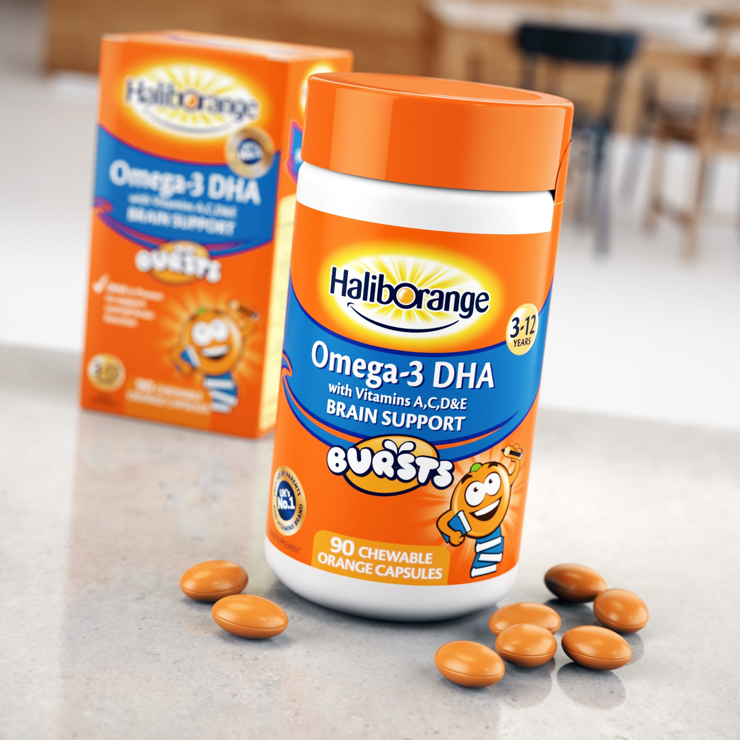 Haliborange Kids Omega-3, dosis diaria para apoyar crecimiento y desarrollo infantil.