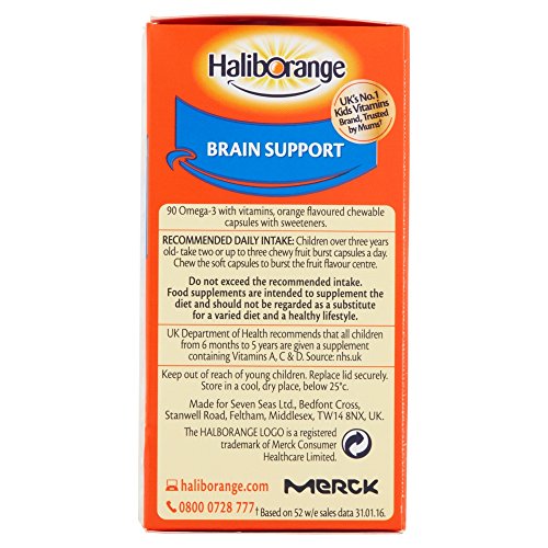 Haliborange Kids Omega-3 envase frontal recordando dosis diaria.