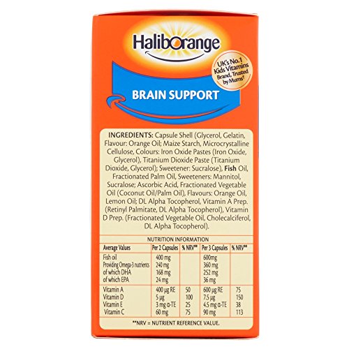 Haliborange Kids Omega-3, etiqueta de nutrientes atractiva y clara.