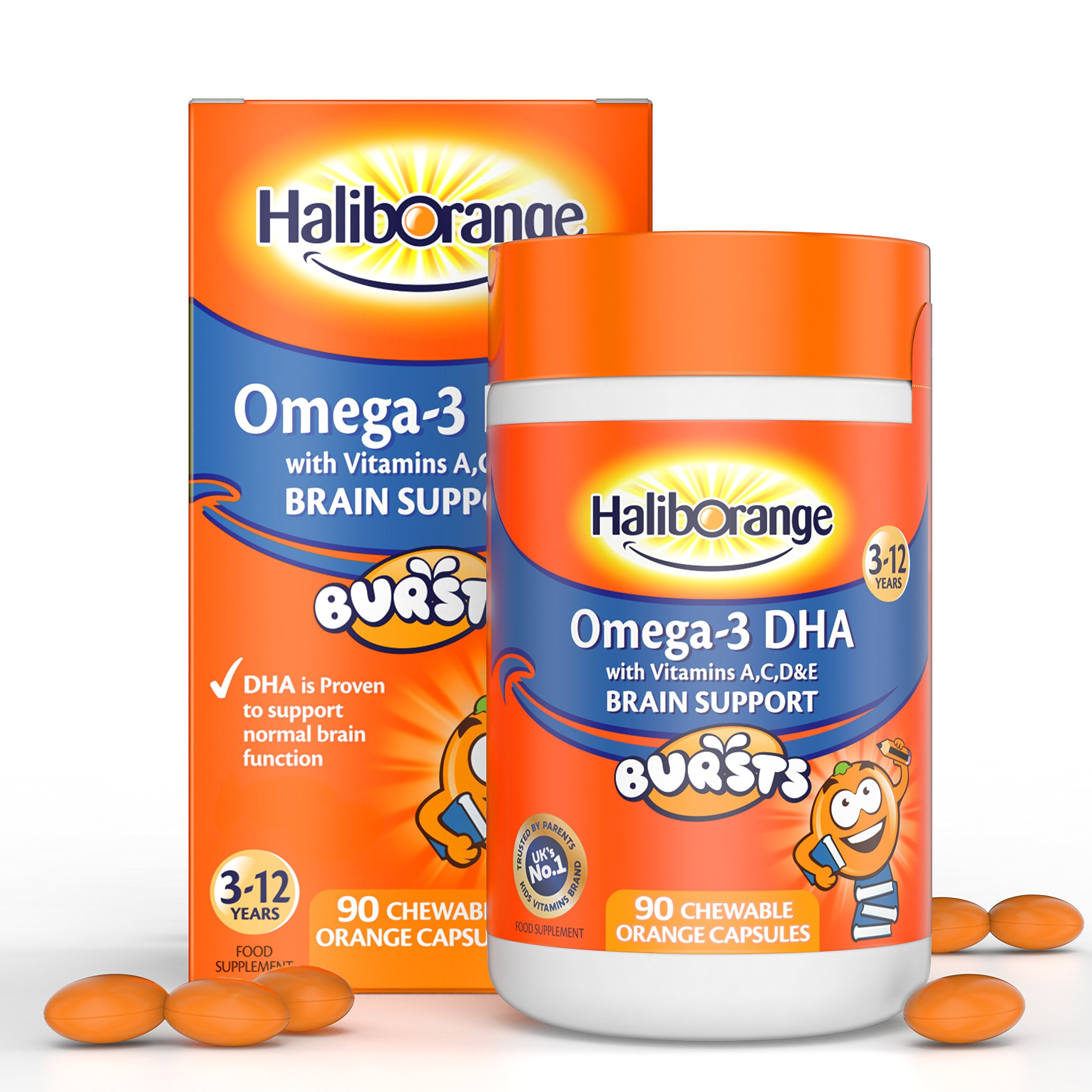 Haliborange Kids Omega-3, textura de naranja, ideal para la rutina escolar.
