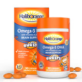 Haliborange Kids Omega-3, textura de naranja, ideal para la rutina escolar.