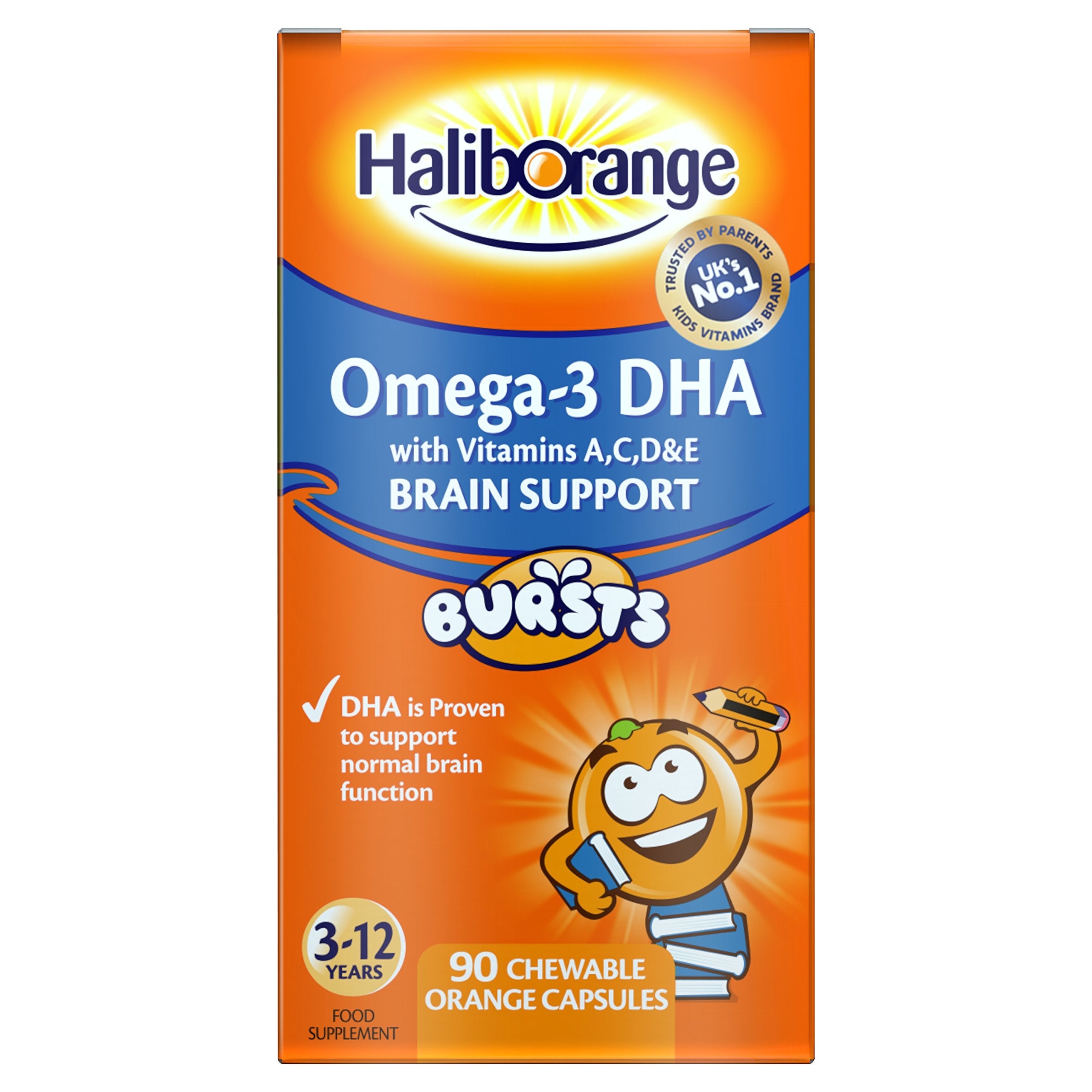 Haliborange Kids Omega-3 masticables de naranja en bote para apoyar el bienestar diario.