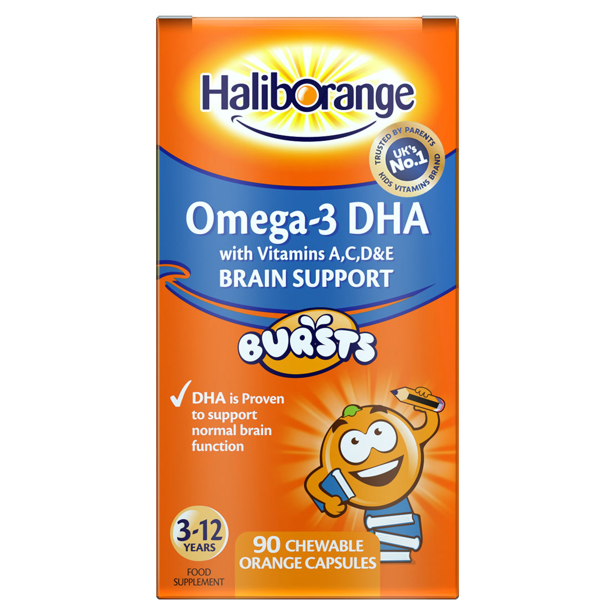 Haliborange Kids Omega-3 masticables de naranja en bote para apoyar el bienestar diario.