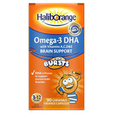 Haliborange Kids Omega-3 masticables de naranja en bote para apoyar el bienestar diario.