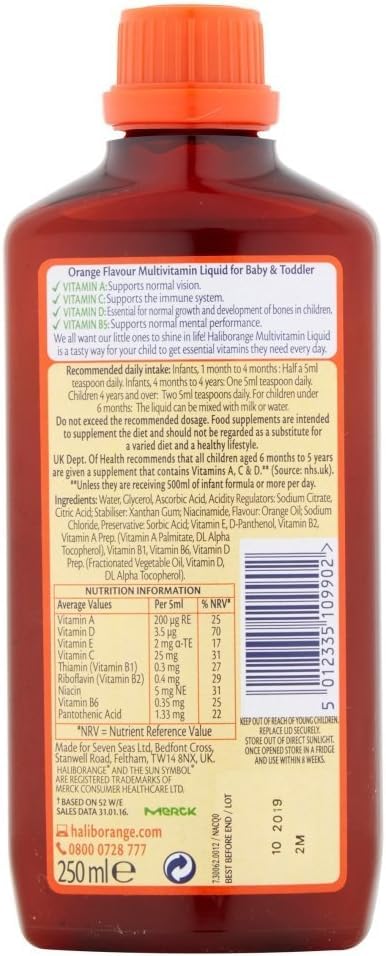 Haliborange líquido naranja 250ml para bebés, etiqueta atractiva y útil para dosis diarias