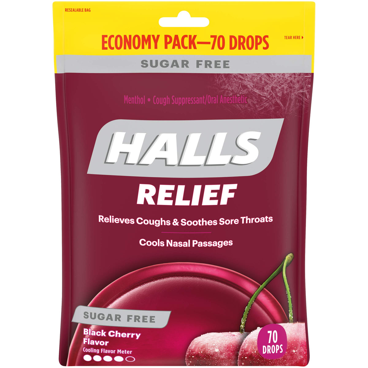 Pastillas HALLS sin azúcar con sabor a cereza negra para la tos.