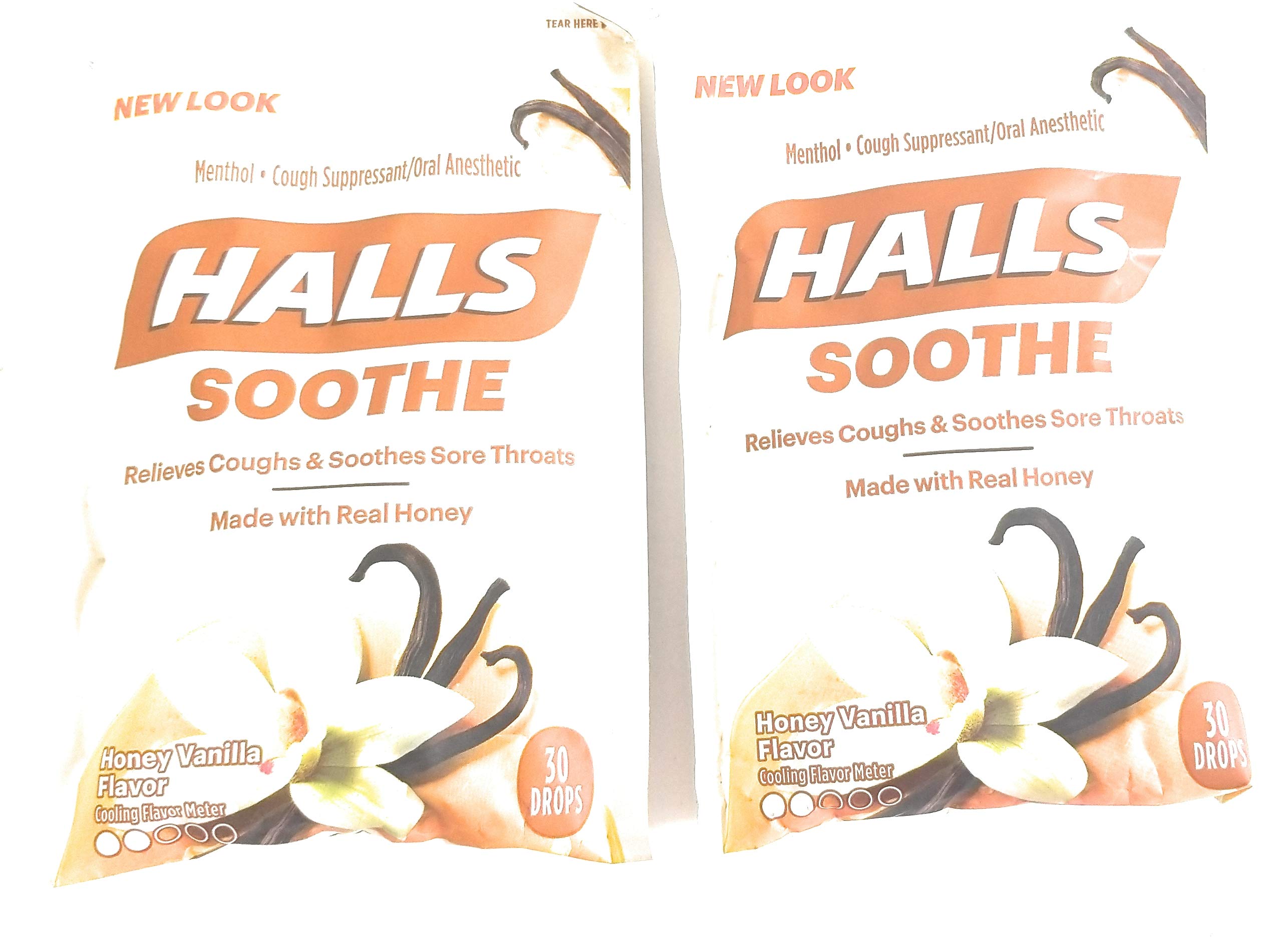 Pastillas para la tos Halls sabor miel vainilla, alivio suave de la garganta.