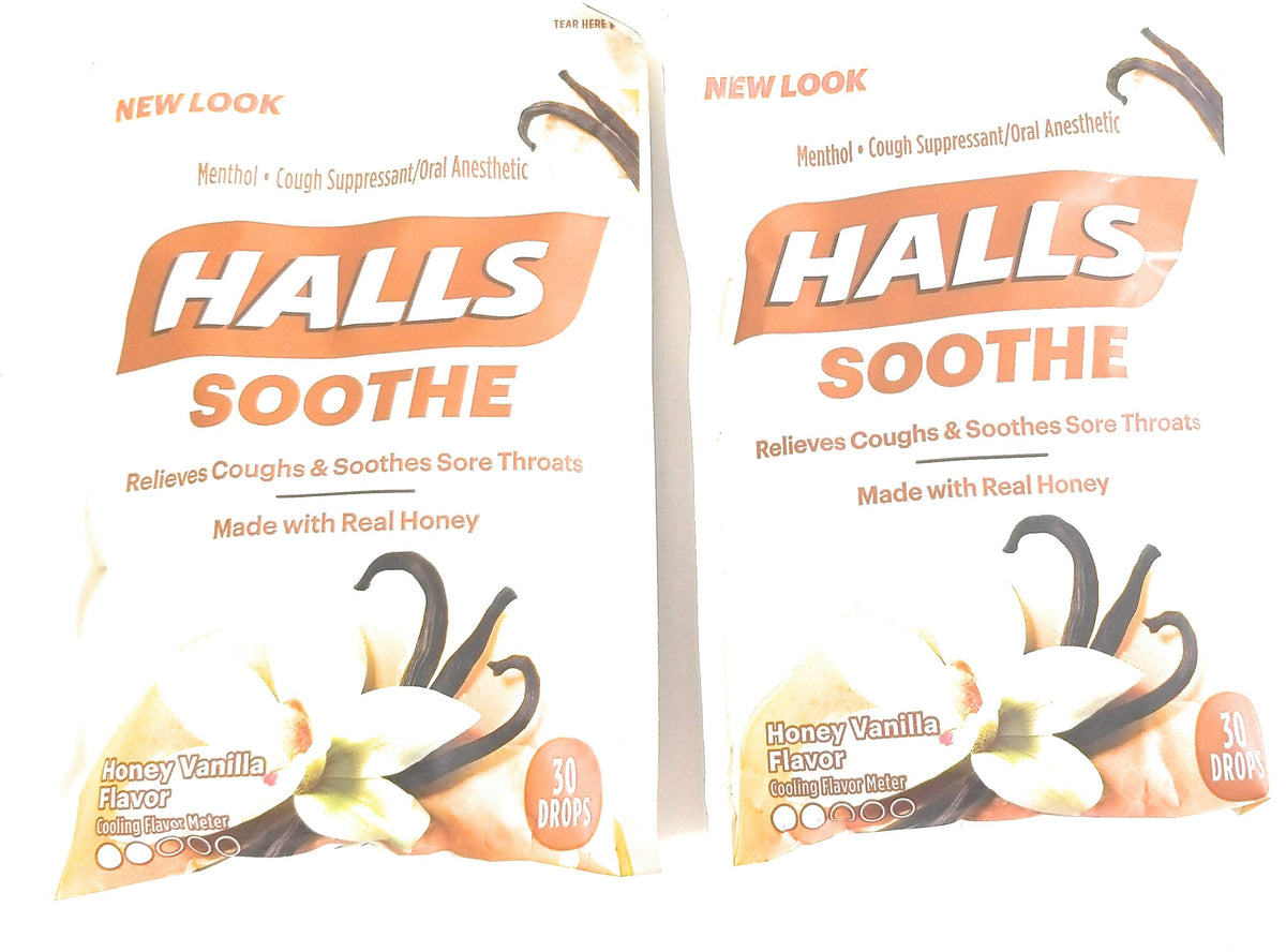 Pastillas para la tos Halls sabor miel vainilla, alivio suave de la garganta.