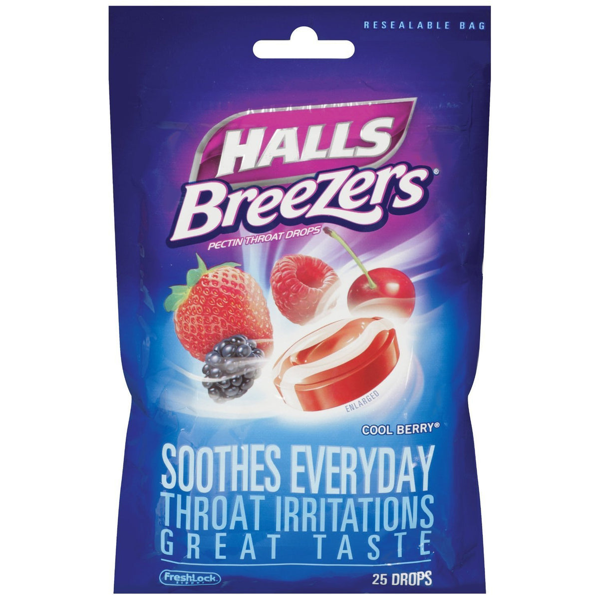 Halls Breezers caramelos para la tos, sabor bayas frescas, alivio suave y refrescante.
