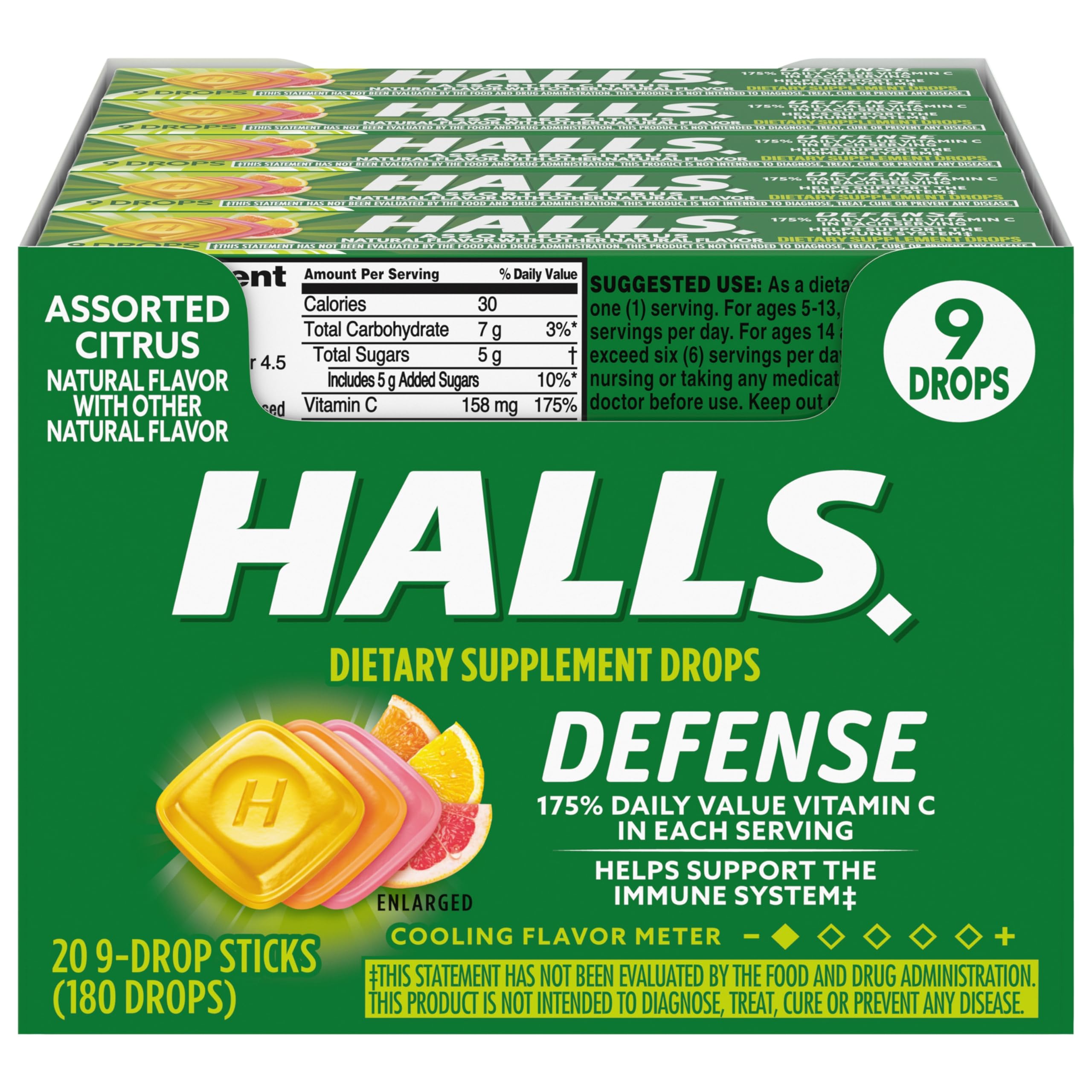 Gotas HALLS Defensa sabor cítrico en paquetes prácticos para viaje