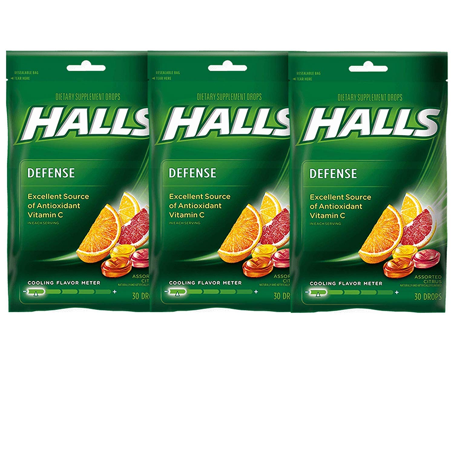 Halls Defense Drops Vitamina C, botella de cítricos para apoyar el bienestar diario.