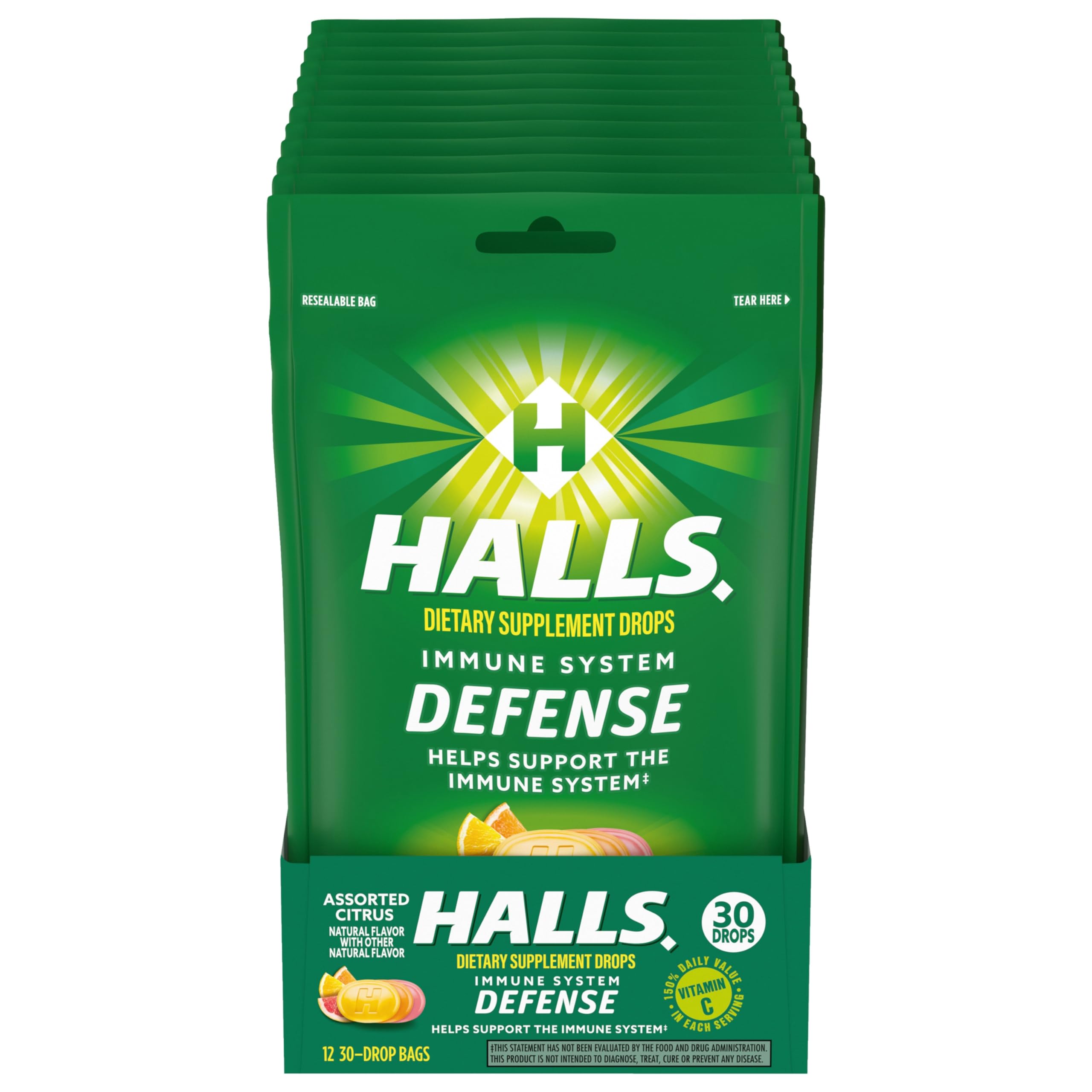 Gotas cítricas de HALLS Defense en práctica paquete de 12 bolsas.