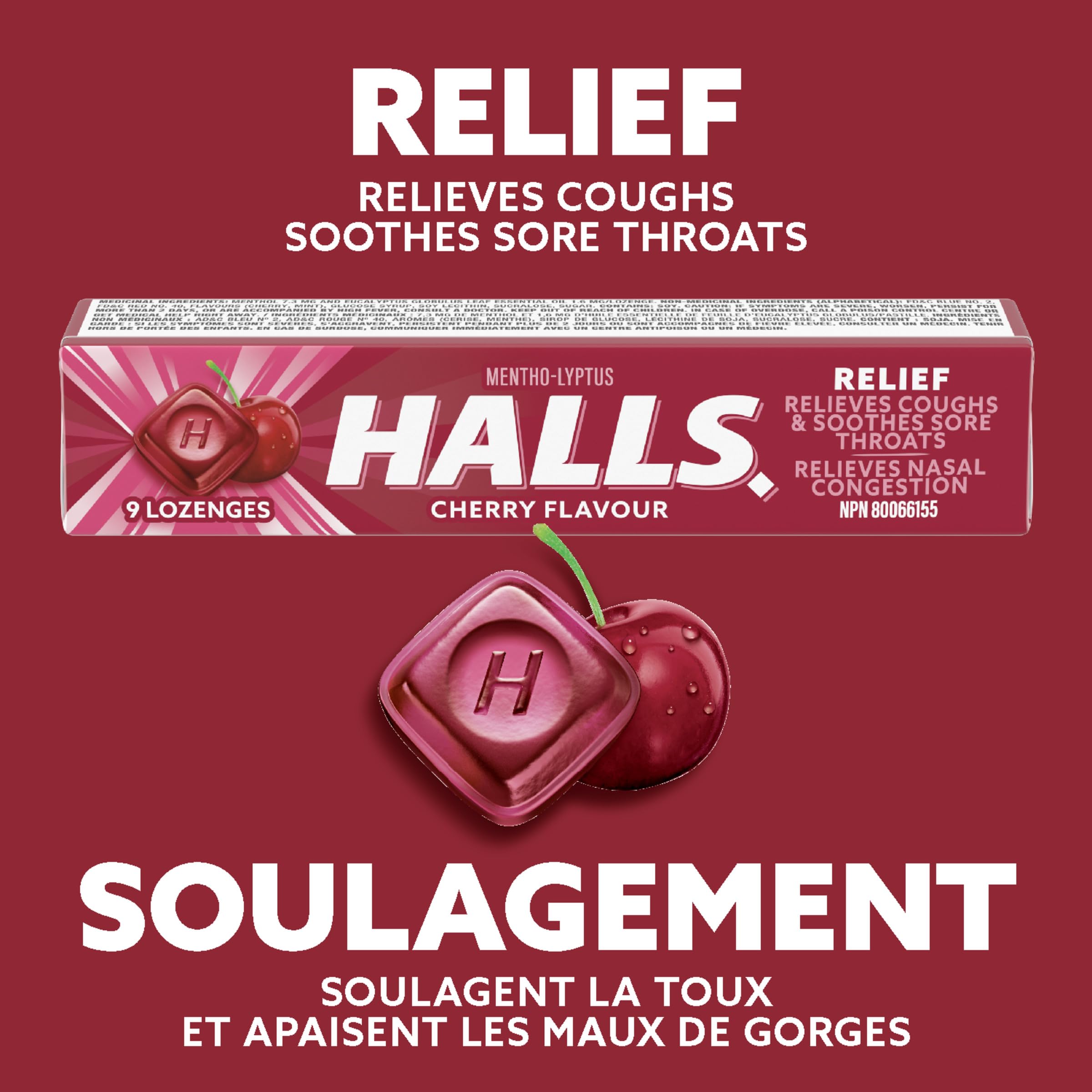 HALLS sabor cereza, empaque de 20 paquetes, formato conveniente.