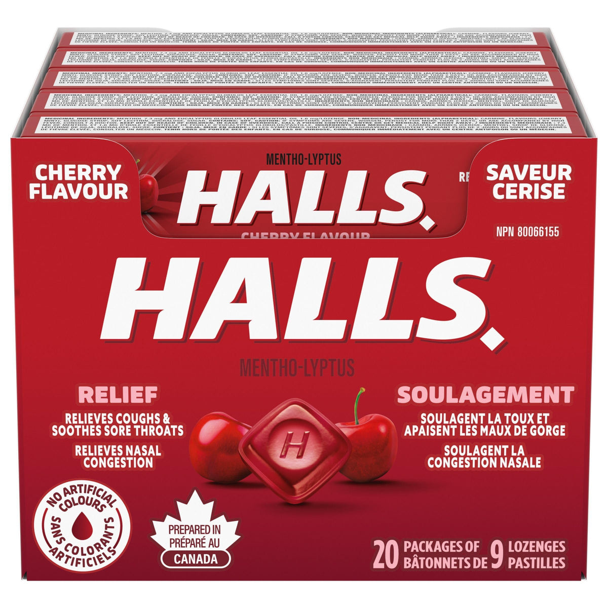 HALLS sabor cereza, pastillas para la tos, 9 piezas por paquete, ideal para llevar.