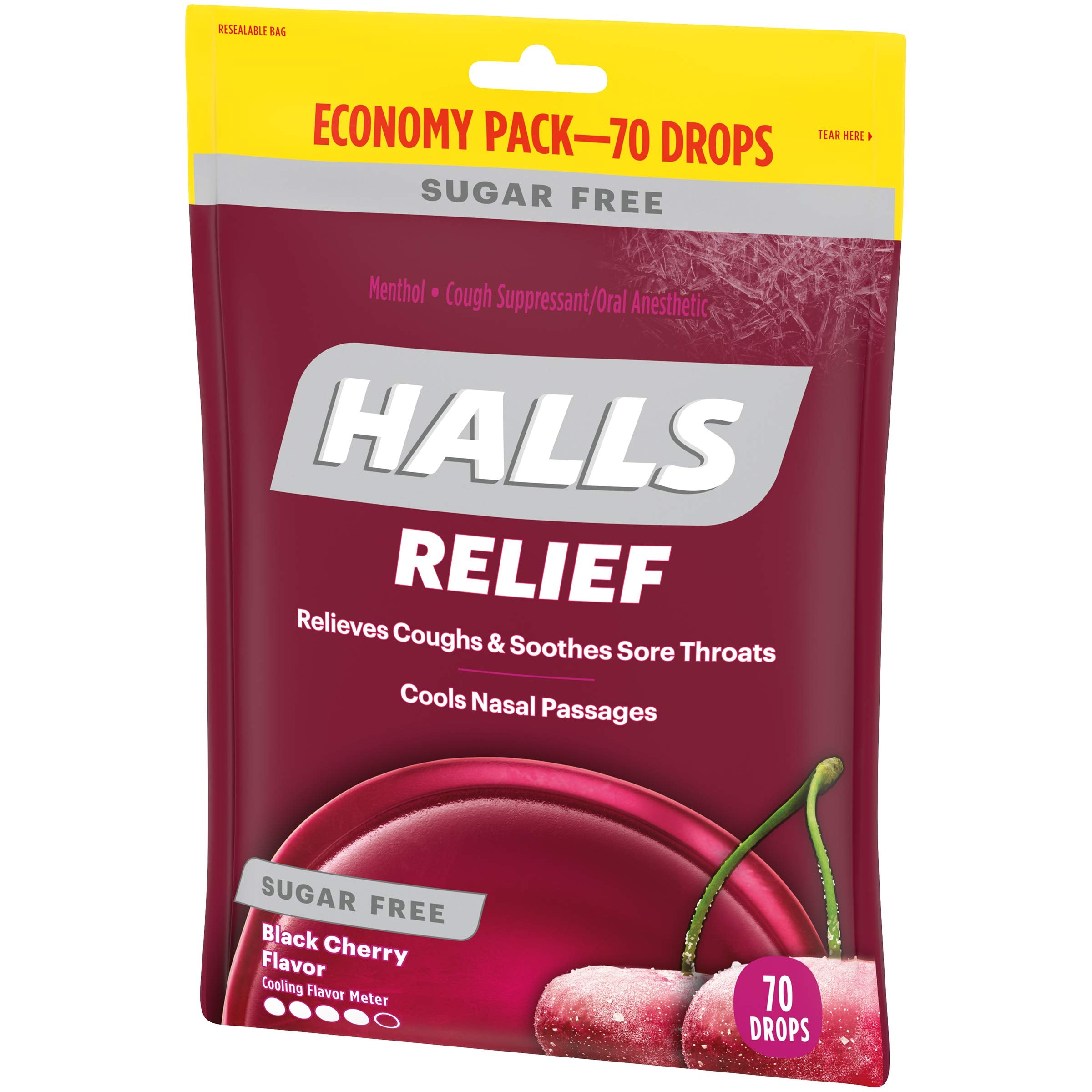 Etiqueta de HALLS sin azúcar con información clara de sabor cereza negra.