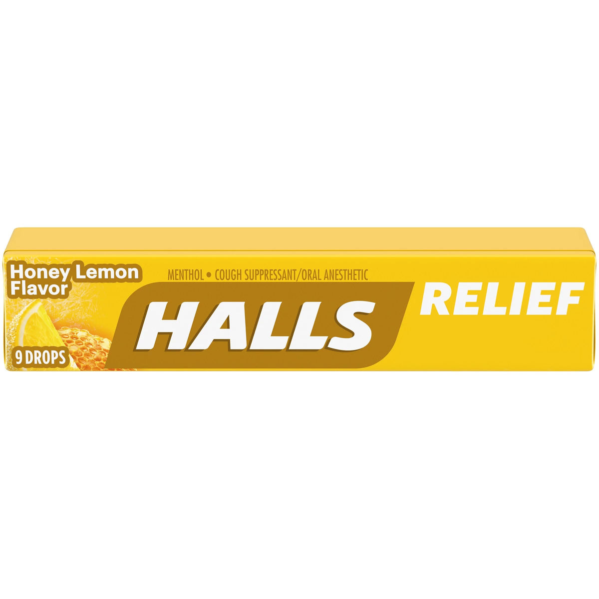 HALLS Mentho-Lyptus pastillas miel limón, visual de envase, alivio temporal de la tos.