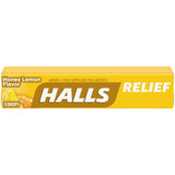 HALLS Mentho-Lyptus pastillas miel limón, visual de envase, alivio temporal de la tos.