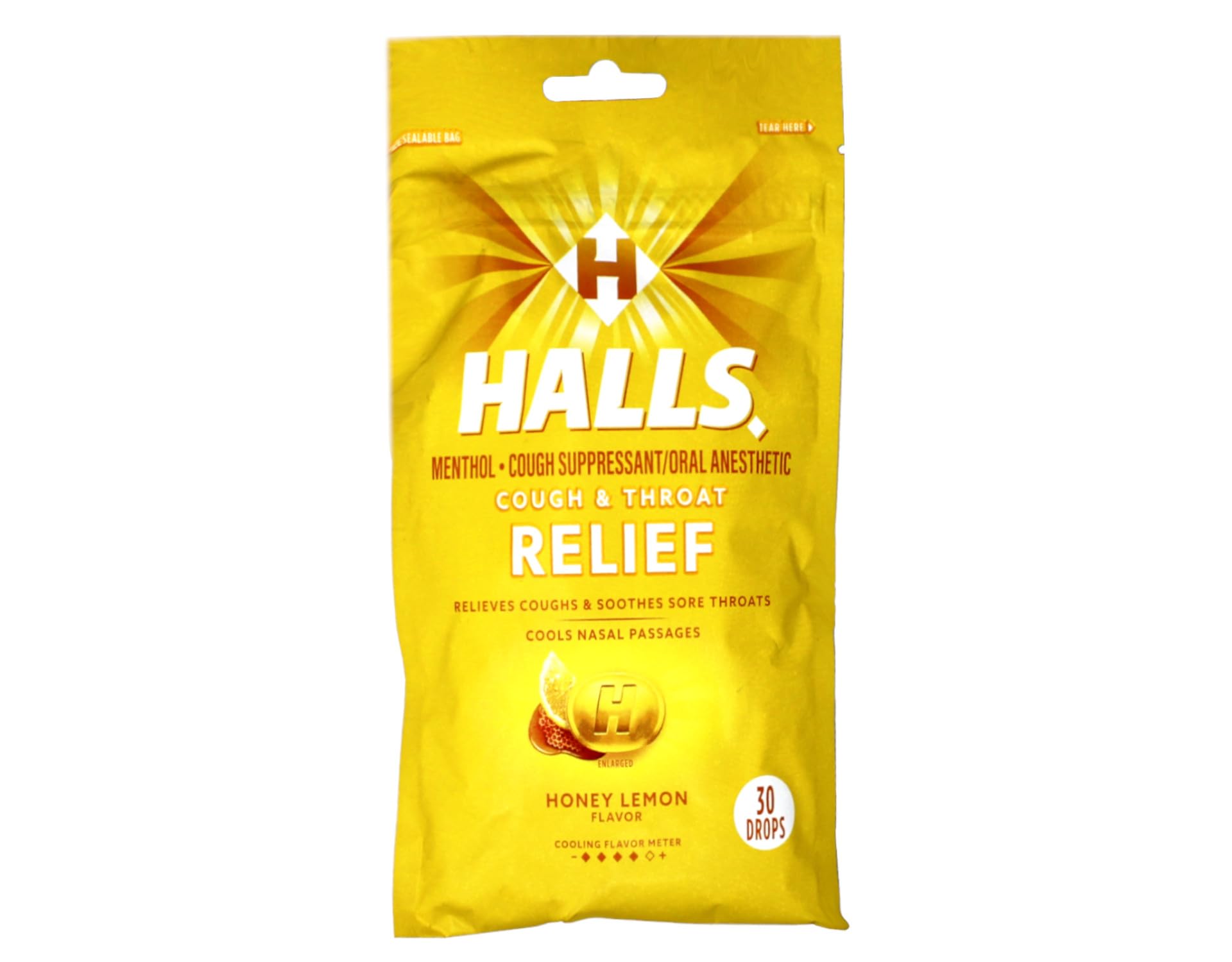 Halls Mentol Miel Limón Drops: empaque visible para alivio rápido y sabor refrescante