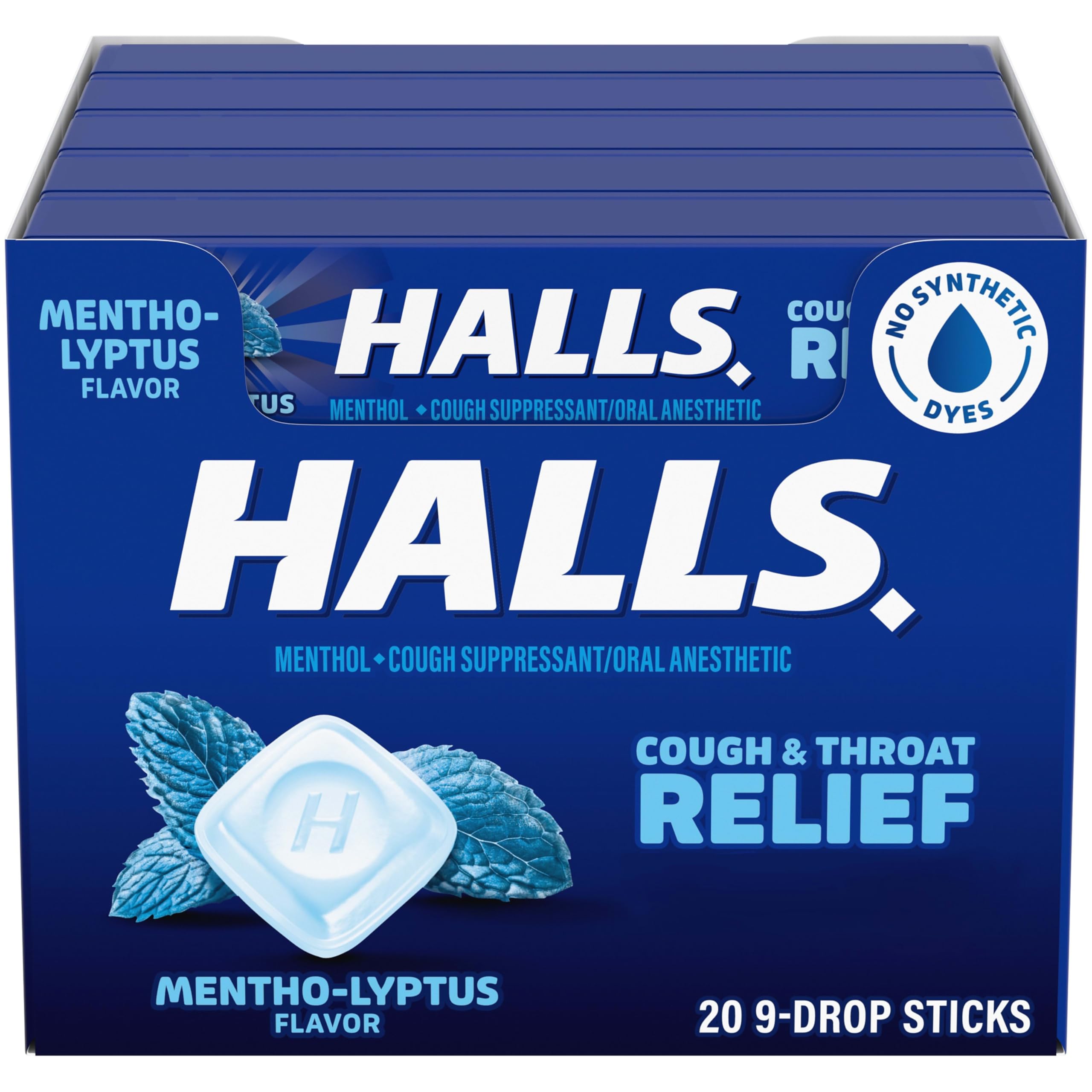 HALLS Mentho-Lyptus en caja, pastillas mentoladas para tos y dolor de garganta.