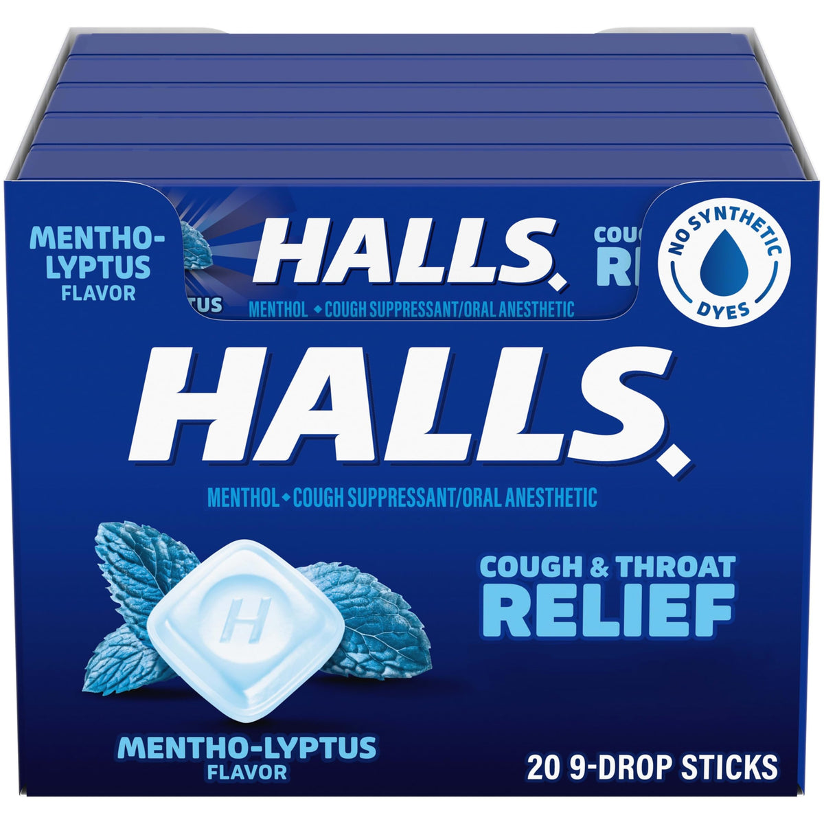 HALLS Mentho-Lyptus en caja, pastillas mentoladas para tos y dolor de garganta.