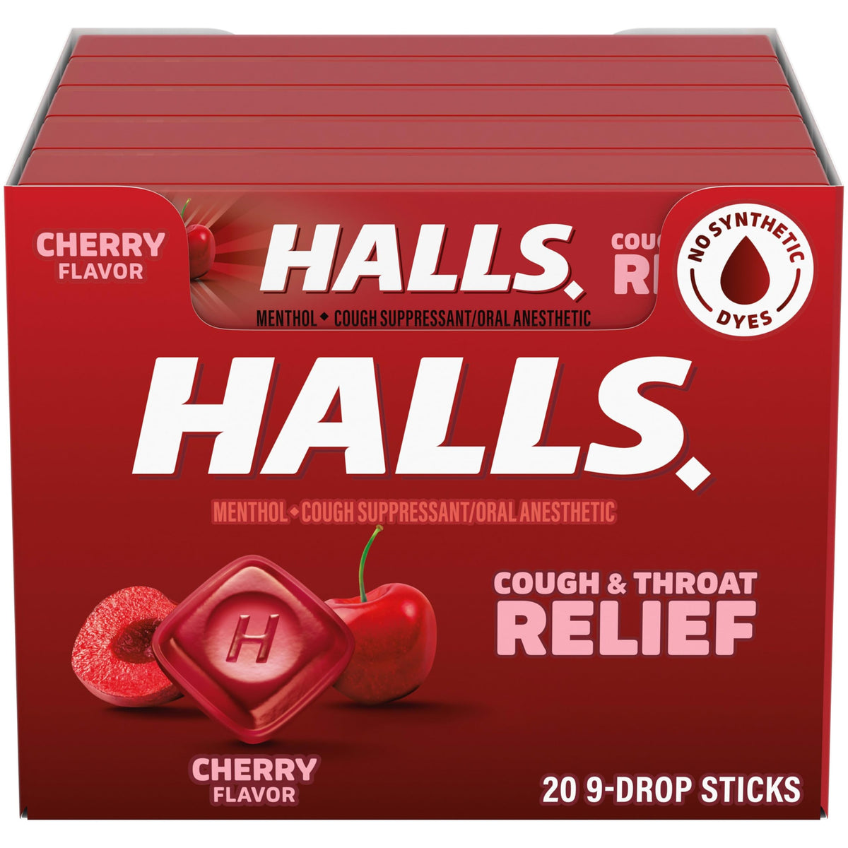 Pastillas HALLS sabor cereza en empaque compacto para llevar.