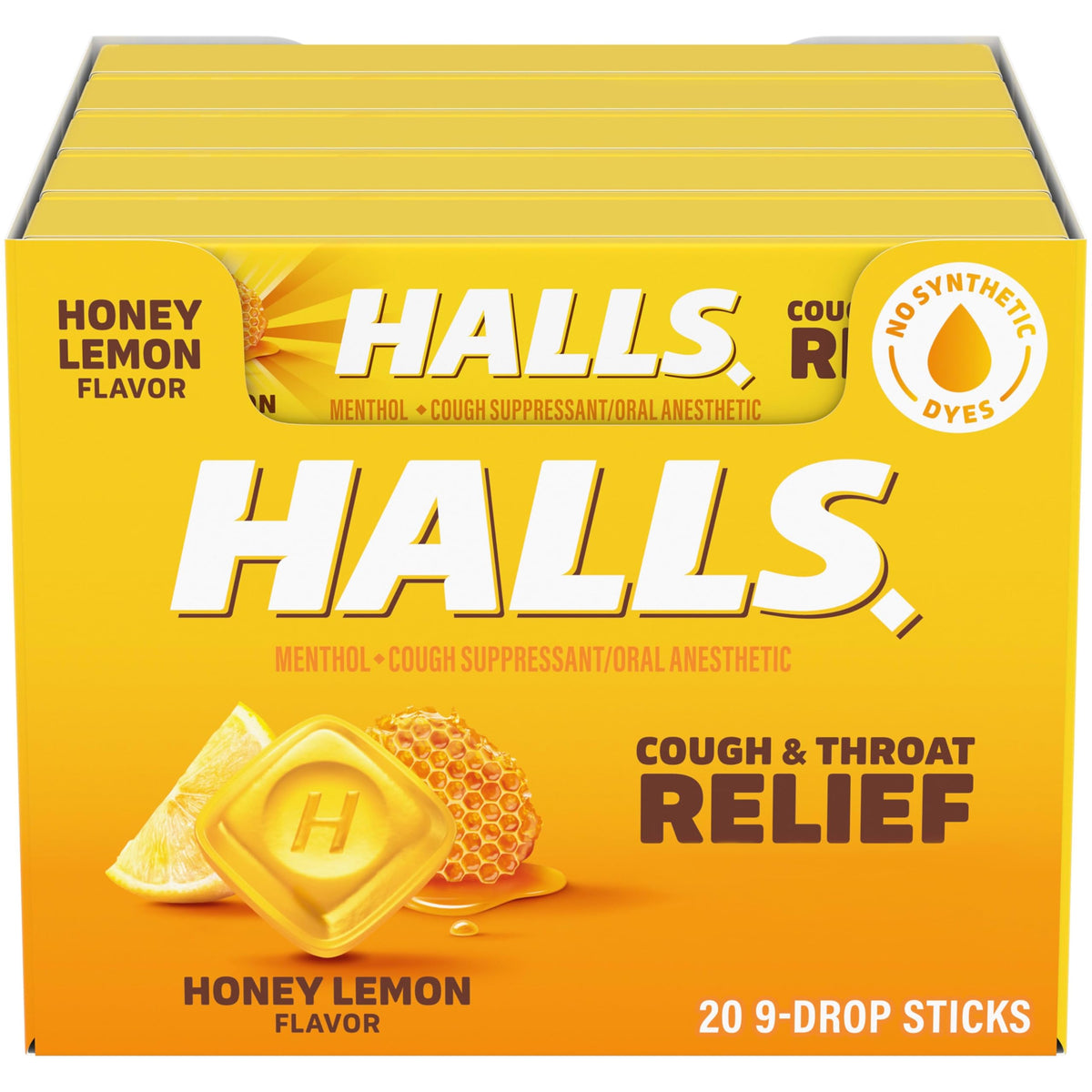 Pastillas HALLS miel limón en caja para alivio suave de garganta.