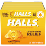 Pastillas HALLS miel limón en caja para alivio suave de garganta.