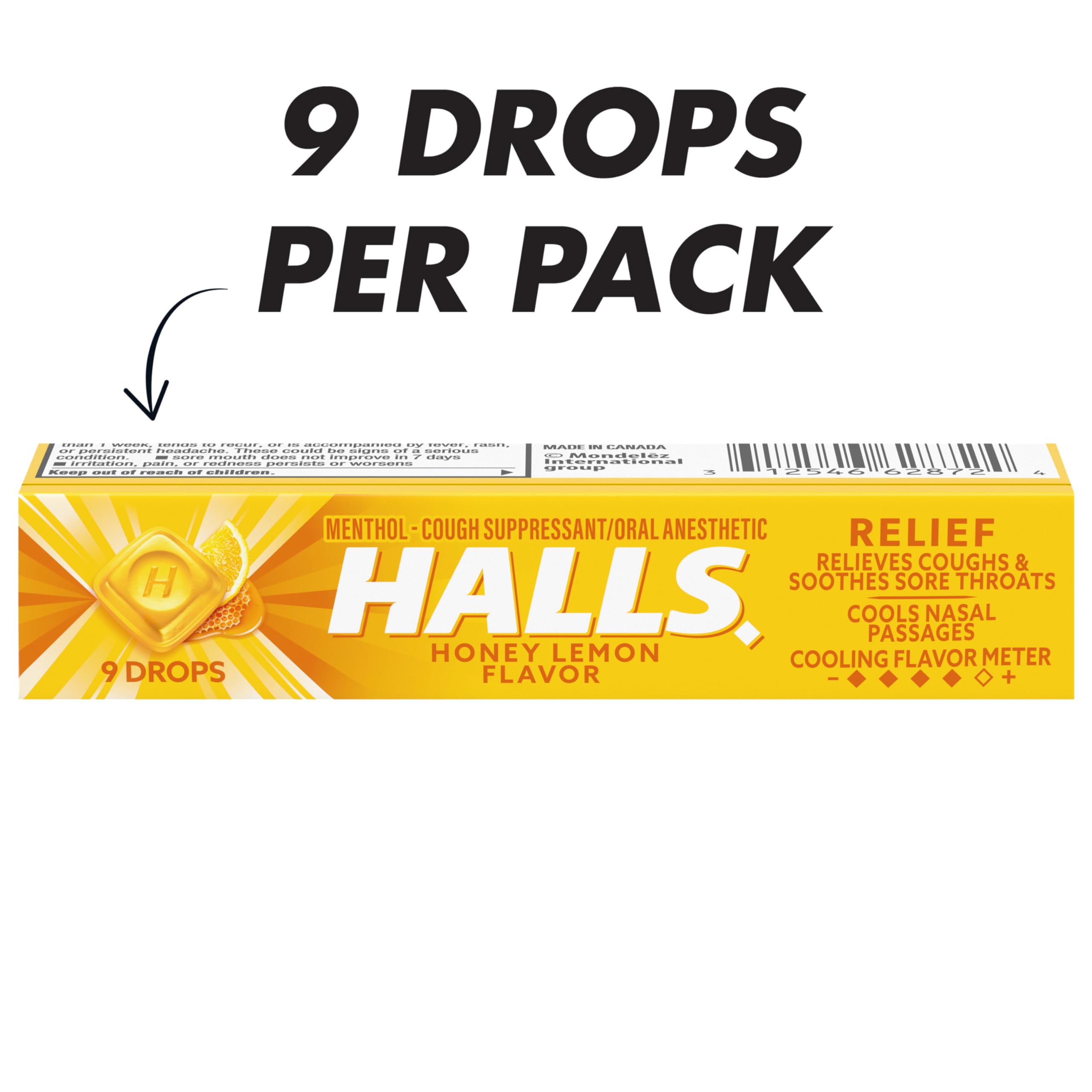 Pastilla individual de miel limón HALLS para disolver en la boca.